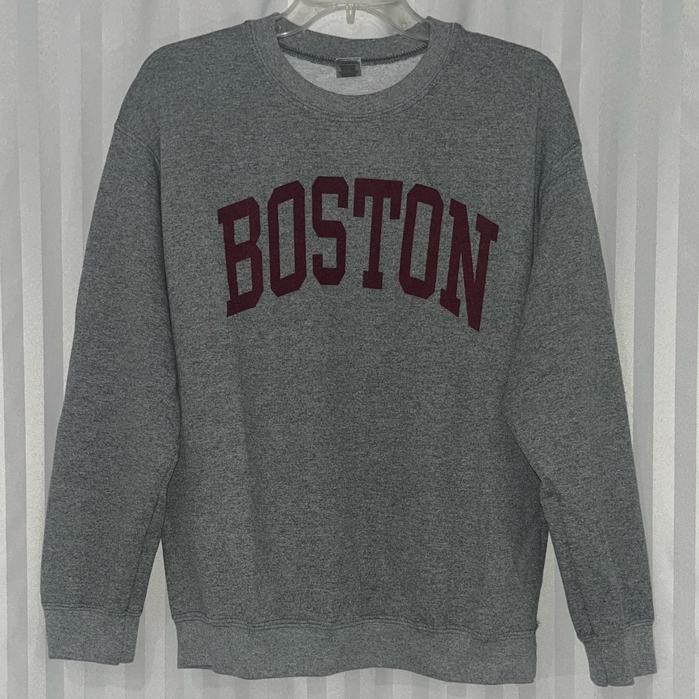 Gildan Gray Boston Crewneck Sweater with Maroon Lettering